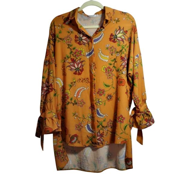 Sateen Life Orange Paisley Print Tie Cuff Button Up High Low Retro Size Small - Picture 1 of 8